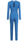 ブルーファッションカジュアルソリッドくり抜かれたOネックスキニージャンプスーツ