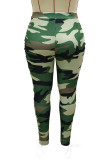 Grüne, modische, lässige Camouflage-Print-Bandage, ausgehöhlte, normale Hose mit hoher Taille