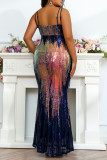Colour Fashion Sexy Plus Size Patchwork Sequins Backless Spaghetti Strap Evening Dress