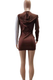 ブラウン ファッション カジュアル パッチワーク ジッパー フード付き襟長袖ドレス