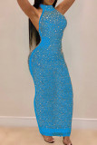 Light Blue Fashion Sexy Patchwork Hot Drilling See-through Halter Sleeveless Dress