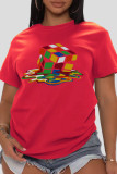 Camisetas con cuello en O de patchwork con estampado casual de calle gris