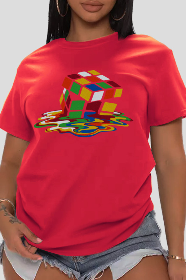 Rode casual T-shirts met patchwork en O-hals