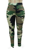 Green Fashion Casual Camouflage Print Bandage Hollowed Out Regular High Waist Trousers