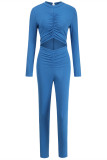 Blauwe mode casual effen uitgeholde skinny jumpsuits met O-hals