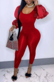 Red Fashion Casual Solid Patchwork O Neck Skinny Jumpsuits