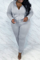 Grå Casual Solid Hot Drill Hooded Krage Plus Size Two Pieces