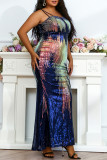 Colour Fashion Sexy Plus Size Patchwork Sequins Backless Spaghetti Strap Evening Dress
