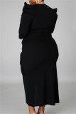 Negro Moda Casual Sólido Patchwork Cuello en V Manga larga Vestidos de talla grande