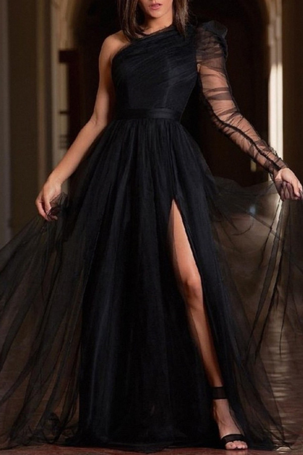 Черные модные сексуальные однотонные платья без спинки с разрезом и косым воротником с длинным рукавом, платья больших размеров