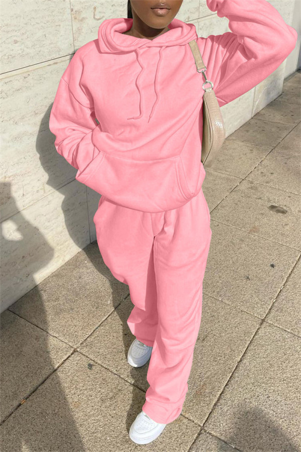 Roze Mode Casual Solid Basic Hooded Kraag Lange mouw Tweedelig