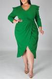 Grüne Art- und Weisebeiläufige feste Patchwork-V-Ausschnitt-lange Hülsen-Kleider in Übergröße