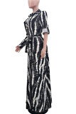 Zwarte casual elegante print bandage patchwork gesp met riem kraag overhemdjurk jurken