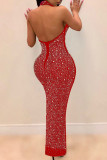 Rose Red Fashion Sexy Patchwork Hot Drilling See-through Halter Sleeveless Dress