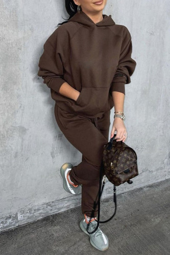 Coffee Casual Pocket Hooded Collar Long Sleeve Sweatshirt And Pants Sportwear Two Pieces Jogger Sets