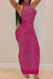 Розово-красное модное сексуальное лоскутное горячее бурение прозрачное платье без рукавов с лямкой на шее