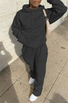 Zwart Mode Casual Solid Basic Hooded Kraag Lange mouw Tweedelig