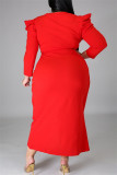 Robes de grande taille décontractées à la mode rouge, couleur unie, col en V, manches longues