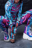Blauwe punkprint met schedel en patchwork, normale jumpsuits met capuchon