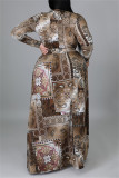 Brown Fashion Casual Print Bandage V-Ausschnitt Plus Size Two Pieces