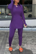 Пурпурный Повседневный однотонный с круглым вырезом и длинным рукавом с разрезом из двух частей