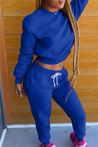Blue Fashion Casual Solid Basic O Neck Long Sleeve Two Pieces