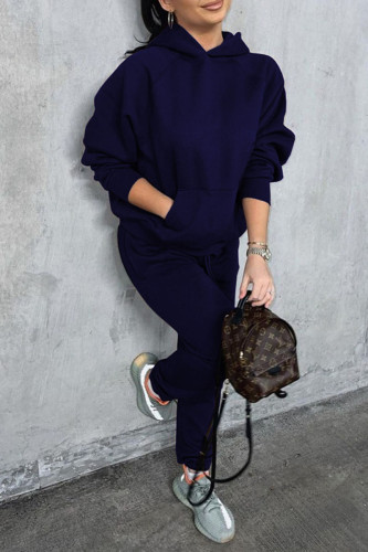 Blue Casual Pocket Hooded Collar Long Sleeve Sweatshirt And Pants Sportwear Two Pieces Jogger Sets