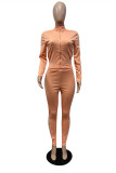 Pink Fashion Casual Solid Hollowed Out Zipper Collar Long Sleeve Two Pieces