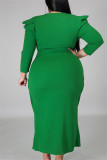 Groene mode casual effen patchwork V-hals lange mouwen plus size jurken