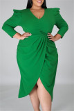 Grüne Art- und Weisebeiläufige feste Patchwork-V-Ausschnitt-lange Hülsen-Kleider in Übergröße