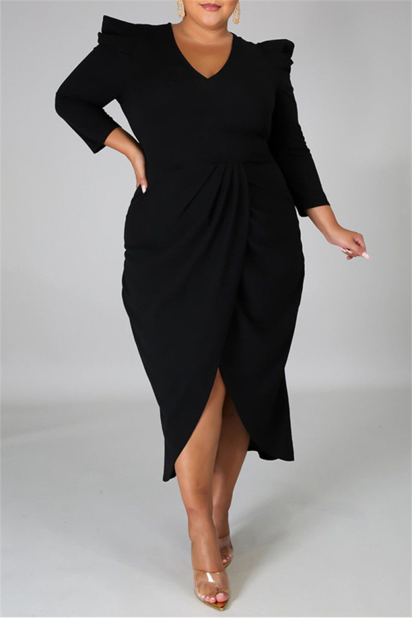 ブラックファッションカジュアルソリッドパッチワークVネック長袖プラスサイズのドレス