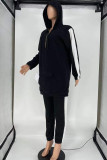 Black Fashion Casual Patchwork Zipper Hooded Collar Long Sleeve Two Pieces