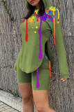 Verde Casual Estampado Patchwork Cuello asimétrico con capucha Manga larga Dos piezas
