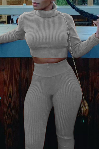Grey Casual Solid Patchwork Turtleneck Long Sleeve Two Pieces