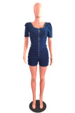 Dark Blue Fashion Casual Solid Patchwork Backless Square Collar Skinny Romper