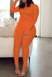 Col roulé basique solide à la mode orange à manches longues deux pièces