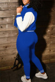 Calça Cardigan de Patchwork Casual Moda Azul Manga Longa Duas Peças