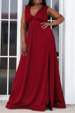 Rotes, modisches, sexy, einfarbiges, ärmelloses Abendkleid mit Schlitz und V-Ausschnitt in Übergröße