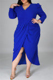 Blue Fashion Casual Solid Patchwork V Neck Long Sleeve Plus Size Dresses