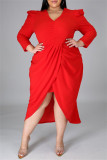 Rote, modische, lässige, solide Patchwork-Kleider mit V-Ausschnitt und langen Ärmeln in Übergröße