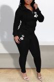 ブラックファッションカジュアルプリントカーディガンパンツフード付きカラー長袖ツーピース