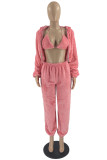 Pink Fashion Casual Solid Basic Hooded Collar Long Sleeve Three-piece Set