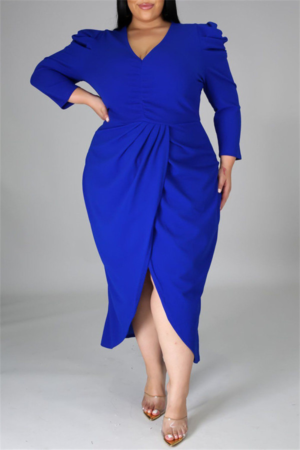 Blauwe mode casual effen patchwork V-hals lange mouwen plus size jurken