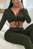 Army Green Fashion Casual Solid Bandage Zipper Collar Long Sleeve Two Pieces