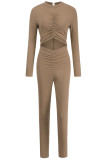 Khaki Fashion Casual Solid Hollowed Out O Neck Skinny Jumpsuits