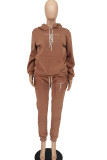 Brown Casual Solid Embroidery Patchwork Hooded Collar Long Sleeve Two Pieces