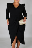 Zwarte mode casual effen patchwork V-hals lange mouwen plus size jurken