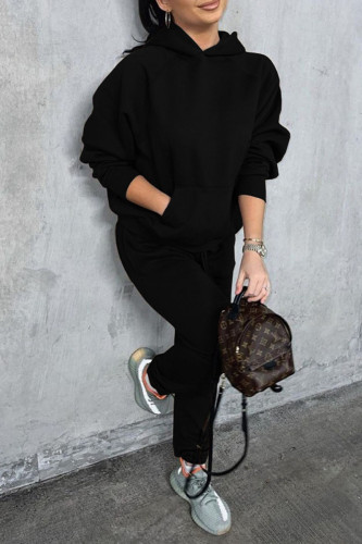 Black Casual Pocket Hooded Collar Long Sleeve Sweatshirt And Pants Sportwear Two Pieces Jogger Sets