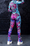Lila Punk-Print-Schädel-Patchwork-Jumpsuits mit Kapuze und regulärem Kragen