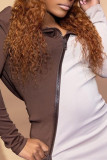 Braune, modische, lässige Patchwork-Reißverschluss-Kleider mit Kapuze und langen Ärmeln